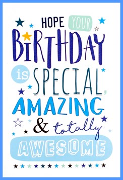 Open Male Birthday Card - Blue and Green Writing with Stars 7.75" x 5.25"