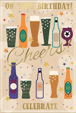 Open Male Birthday Card - Beer Bottles and Pint Glasses with Gold Foil 7.5x5.25 Open Male Birthday Card - Beer Bottles and Pint Glasses with Gold Foil 7.5x5.25