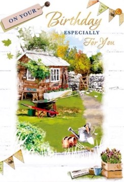 Open Male Birthday Card - Garden Shed Wheelbarrow & Tools Gold Foil 7.75x5.25" Open Male Birthday Card - Garden Shed Wheelbarrow & Tools Gold Foil 7.75x5.25"