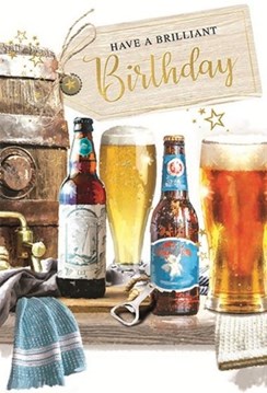 Open Male Birthday Card - Bottles and Pints of Beer and Keg with Foil 7.75x5.25"