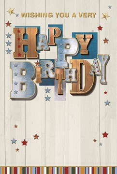 Open Male Birthday Card -Blue & Brown Writing With Gold Foil & Stars  7.75x5.25"
