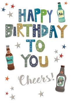 Open Male Birthday Card - Beer Bottles Blue Green Writing Silver Foil 7.75x5.25" Open Male Birthday Card - Beer Bottles Blue Green Writing Silver Foil 7.75x5.25"