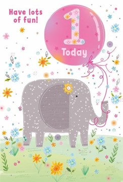 Age 1 Girl Birthday Card - 1st Birthday Elephant with Pink Balloon 7.75x5.25"