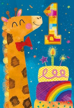 Age 1 Birthday Card - 1st Birthday Giraffe with Multicoloured Cake 7.75"x5.25" Age 1 Birthday Card - 1st Birthday Giraffe with Multicoloured Cake 7.75"x5.25"