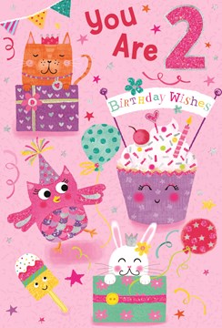 Age 2 Birthday Card - 2nd Birthday Girl Animals & Cupcake Silver Foil 7.75x5.25" Age 2 Birthday Card - 2nd Birthday Girl Animals & Cupcake Silver Foil 7.75x5.25"