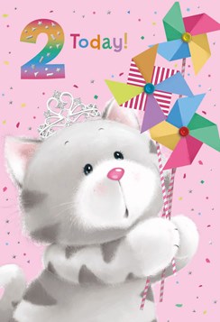 Age 2 Birthday Card - 2nd Birthday Cat in Tiara with Windmills 7.75x5.25" Age 2 Birthday Card - 2nd Birthday Cat in Tiara with Windmills 7.75x5.25"