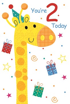 Age 2 Birthday Card - Giraffe in Party Hat Stars Swirls Glitter 7.75x5.25"