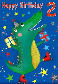 Age 2 Boy Birthday Card - 2nd Birthday Crocodile in Party Hat 7.75x5.25"