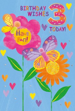 Age 3 3rd Birthday Card - Bright Flowers Butterflies Hearts and Foil 7.75x5.25" Age 3 3rd Birthday Card - Bright Flowers Butterflies Hearts and Foil 7.75x5.25"