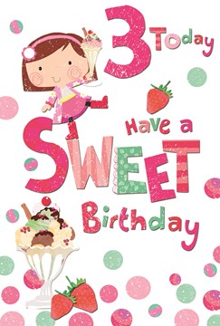 Age 3 Girl Birthday Card - Girl with Ice Cream Strawberries & Glitter 7.5x5.25"