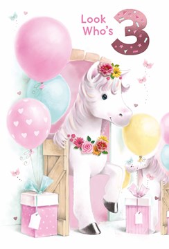 Age 3 Girl Birthday Card - 3rd Birthday White Pony Horse & Balloons 7.75x5.25" Age 3 Girl Birthday Card - 3rd Birthday White Pony Horse & Balloons 7.75x5.25"