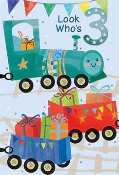 Age 3 Boy Birthday Card - 3rd Birthday Green Train Blue Red Carriages 7.75x5.25"