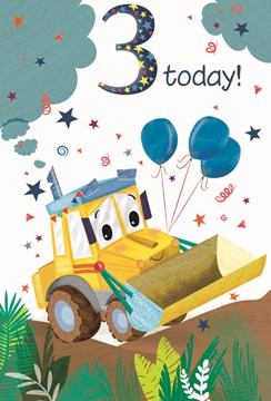 Age 3 Birthday Card - 3rd Birthday Digger with Blue Balloons 7.75x5.25"