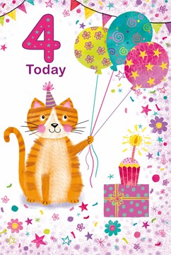 Age 4 Girl Birthday Card - 4 Today Cat with Balloons Presents Stars 7.5x5.25"
