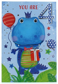 Age 4 Boy Birthday Card - 4th Birthday Dinosaur with Balloon & Foil 7.75x5.25"