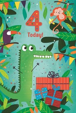 Age 4 Boy Birthday Card - 4th Birthday Jungle Animals and Silver Foil 7.75x5.25" Age 4 Boy Birthday Card - 4th Birthday Jungle Animals and Silver Foil 7.75x5.25"