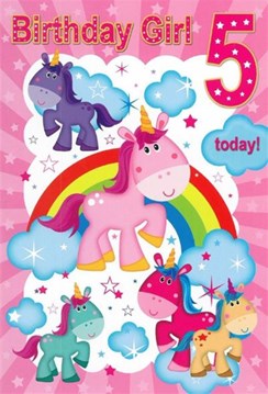 Age 5 Birthday Card - 5th Birthday Unicorns Rainbows and Clouds 7.75x5.25"