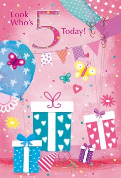 Age 5 Birthday Card - 5th Birthday Presents Balloons Butterflies Foil 7.75x5.25"