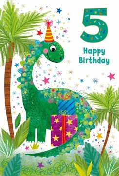 Age 5 Boy 5th Birthday Card - Green Dinosaur in Party Hat with Stars 7.75x5.25"