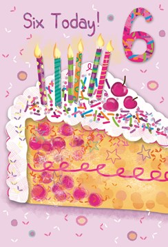 Age 6 Girl Birthday Card - 6th Birthday Cake with Candles and Glitter 7.75x5.25" Age 6 Girl Birthday Card - 6th Birthday Cake with Candles and Glitter 7.75x5.25"