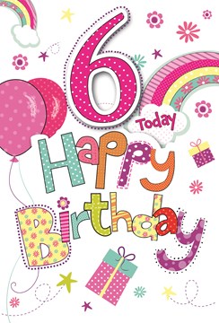Age 6 Birthday Card - Multicoloured Writing Balloons, Rainbow & Gifts 7.75x5.25"
