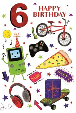 Age 6 Boy Birthday Card - Red Foil 6, Bike Pizza Headphones & Stars 7.75 x 5.25"