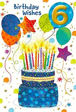 Age 6 Boy Birthday Card - 6th Birthday Blue Cake with Candles Balloons 7.75x5.25