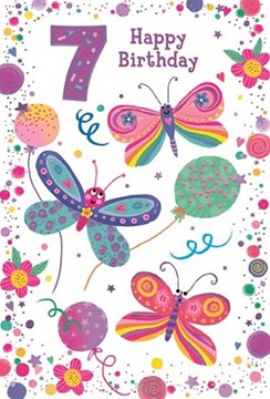 7th Birthday Card - Age 7 Girl Pink Lilac Green Butterflies & Foil 7.75x5.25"