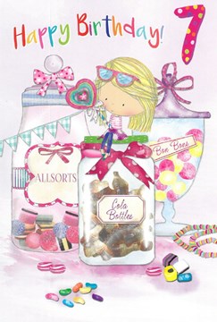 Age 7 Girl Birthday Card - 7th Birthday Girl with Jars of Sweets 7.75x5.25"
