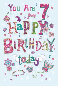 Age 7 Birthday Card - 7th Birthday Pink Green Blue Flowers Butterfly 7.75x5.25"