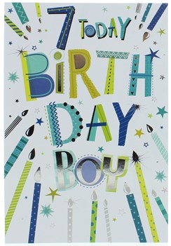 Age 7 Boy Birthday Card - Blue & Green Candles & Writing Silver Foil 7.75"x5.25"