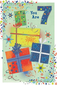7th Birthday Card - Age 7 Multicoloured Presents & Stars Silver Foil 7.75x5.25"