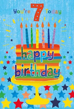 7th Birthday Card - Age 7 Blue Multicoloured Cake and Candles 7.75x5.25