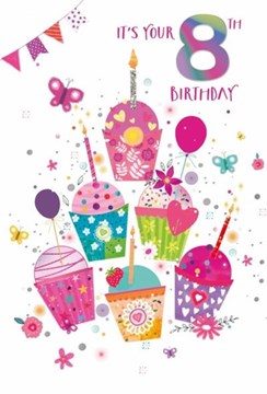 Age 8 Girl Birthday Card - 8th Birthday Cupcakes Flowers Butterflies 7.75x5.25 Age 8 Girl Birthday Card - 8th Birthday Cupcakes Flowers Butterflies 7.75x5.25