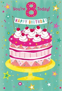 Age 8 Girl Birthday Card - 8th Birthday Big Cake with Stars & Foil 7.5x5.75"