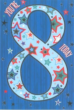 Age 8 Boy Birthday Card - 8th Birthday Big Number Stars Silver Foil 7.75x5.25"