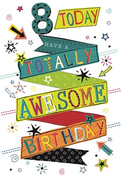 Age 8 Boy Birthday Card - 8th Birthday Coloured Writing Silver Foil 7.75x5.25"