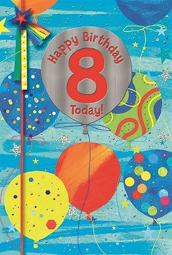 Age 8 Boy Birthday Card - 8th Birthday Bright Balloons & Silver Foil 7.75x5.25"