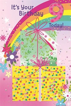 Age 9 Girl Birthday Card - 9th Birthday Rainbow Presents Silver Foil 7.75x5.25"