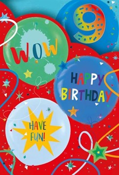 Age 9 Boy Birthday Card - Red Blue Green Balloons with Silver Foil 7.75x5.25" Age 9 Boy Birthday Card - Red Blue Green Balloons with Silver Foil 7.75x5.25"