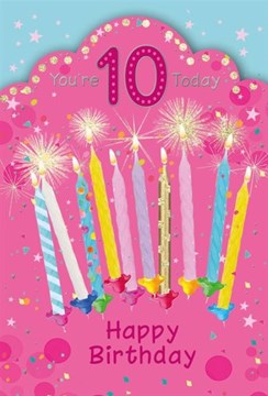 Age 10 Girl Birthday Card - 10th Birthday Pink & Candles Silver Foil 7.75x5.25"