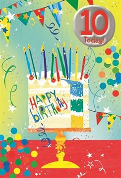 10th Birthday Card - Age 10 Cake with Multicoloured Candles & Foil 7.75x5.25" 10th Birthday Card - Age 10 Cake with Multicoloured Candles & Foil 7.75x5.25"