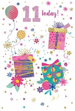 Age 11 Girl Birthday Card - Presents Balloons Flowers with Gold Foil 7.75x5.25" Age 11 Girl Birthday Card - Presents Balloons Flowers with Gold Foil 7.75x5.25"
