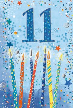 Age 11 Boy Birthday Card -11th Birthday Blue with Candles Silver Foil 7.75x5.25"