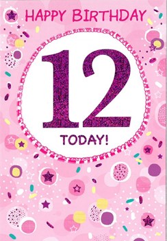 Age 12 Girl Birthday Card - Pink Foil 12 Stars & Circles with Foil 7.75" x 5.25"