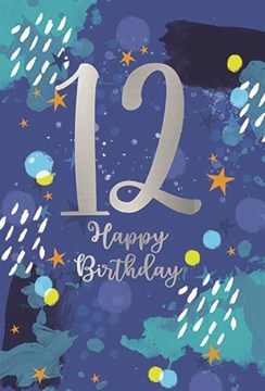 Age 12 Boy 12th Birthday Card - Blue with Paint Splash & Silver Foil 7.75x5.25"