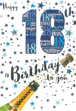 Age 18 Male 18th Birthday Card - Blue 18 Champagne Stars & Silver Foil 7.5x5.25" Age 18 Male 18th Birthday Card - Blue 18 Champagne Stars & Silver Foil 7.5x5.25"