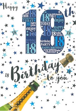 Age 18 Male 18th Birthday Card - Blue 18 Champagne Stars & Silver Foil 7.5x5.25"