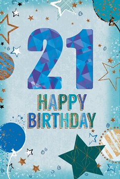 Age 21 Male Birthday Card - Green with Blue Numbers Stars & Gold Foil 7.75x5.25"