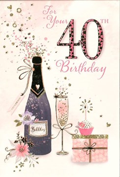 Age 40 Female Birthday Card - Champagne cake & Gift with Gold Foil 7.75"x5.25"